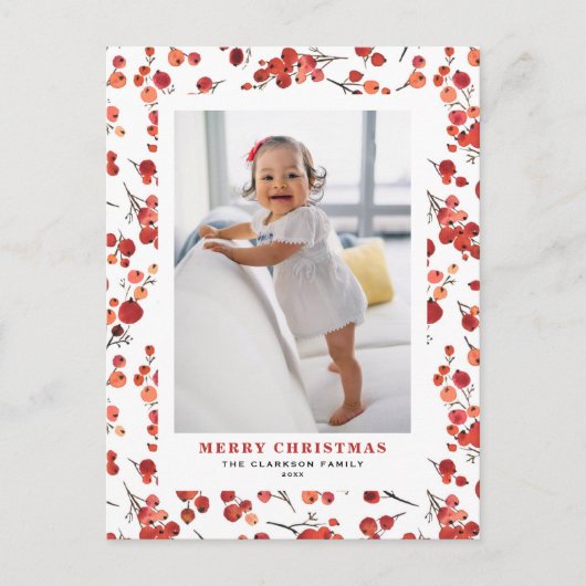 水彩赤ウィンターベリーのクリスマスフォト シーズンポストカード (正面)