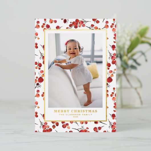 水彩赤ウィンターベリーのクリスマスフォト 箔シーズンカード (立ち正面)