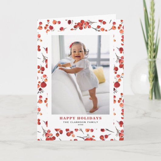 水彩赤ウィンターベリーハッピーホリデーズフォト シーズンカード (正面)