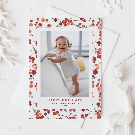 水彩赤ウィンターベリーハッピーホリデーズフォト シーズンポストカード