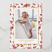 水彩赤ウィンターベリーハッピーホリデーズフォト 箔シーズンカード (正面)