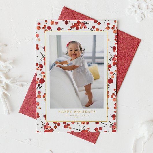 水彩赤ウィンターベリーハッピーホリデーズフォト 箔シーズンカード