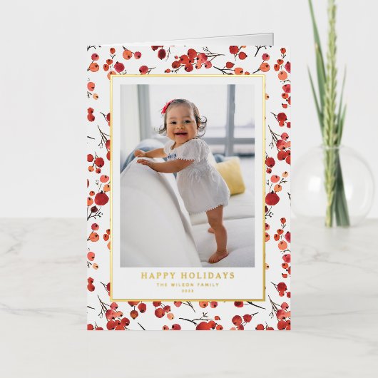 水彩赤ウィンターベリーハッピーホリデーズフォト 箔シーズンカード (正面)