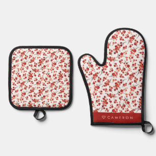 水彩赤ウィンターベリーパターンクリスマス 鍋つかみ&鍋敷きセット