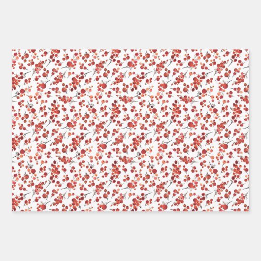 水彩赤ウィンターベリーホリークリスマスパターン ラッピングペーパーシート (正面)