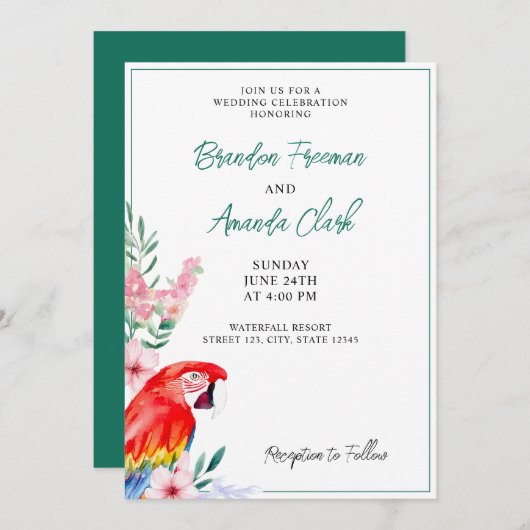水彩赤オウムフローラ結婚ズ 招待状 (正面/裏面)