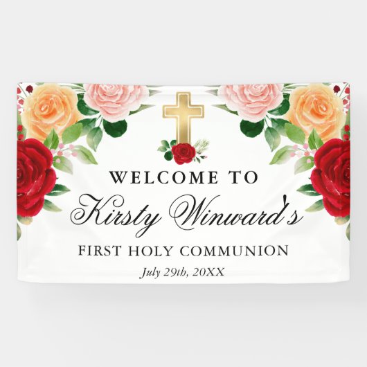 水彩赤オレンジバラファーストホーリーコミュニオン 横断幕 (横)