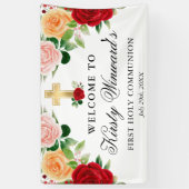 水彩赤オレンジバラファーストホーリーコミュニオン 横断幕 (縦)