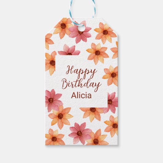 水彩赤オレンジ秋の花誕生日白 ギフトタグ (正面)
