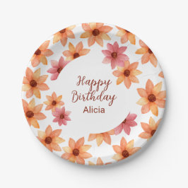 水彩赤オレンジ秋の花誕生日白 ペーパープレート