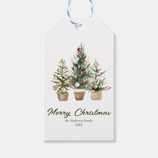 水彩赤オーナメントツリーメリークリスマス ギフトタグ (正面)