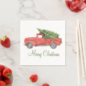 水彩赤クリスマスファームトラック スタンダードカクテルナプキン (インサイチュ)