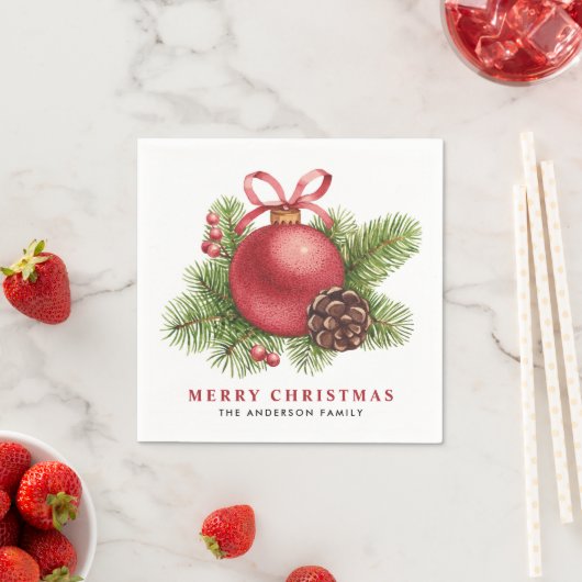 水彩赤クリスマスボールオーナメントホリデー スタンダードカクテルナプキン (インサイチュ)