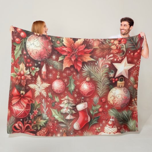 水彩赤クリスマスモチーフのホリデーバード フリースブランケット (インサイチュ)