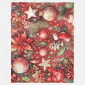 水彩赤クリスマスモチーフのホリデーバード フリースブランケット (正面)