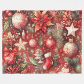 水彩赤クリスマスモチーフのホリデーバード フリースブランケット (正面(横))