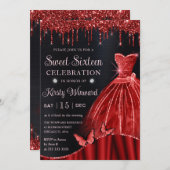 水彩赤グリッタードレスSweet sixteen 招待状 (正面/裏面)