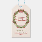 水彩赤グリーンボウリースメリークリスマス ギフトタグ (正面)