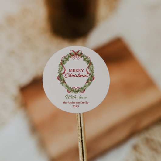 水彩赤グリーンボウリースメリークリスマス ラウンドシール