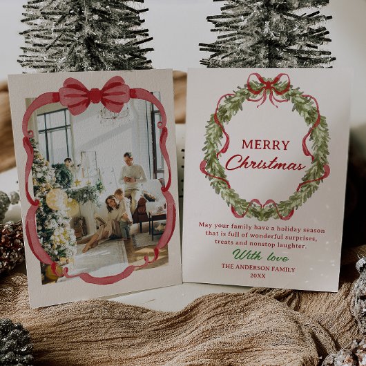 水彩赤グリーンボウリース写真クリスマス シーズンカード