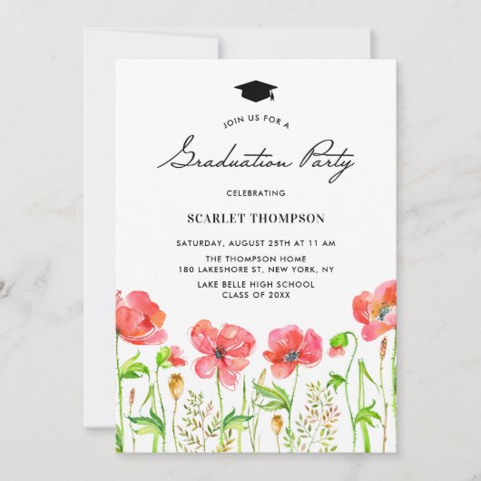 水彩赤ケシの庭園卒業パーティー 招待状 (正面)