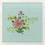 水彩赤ゲルベラデイジーアクリル緑 ガラスコースター (正面)