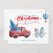 水彩赤トラックのクリスマスシーンホリデー シーズンポストカード (正面/裏面)