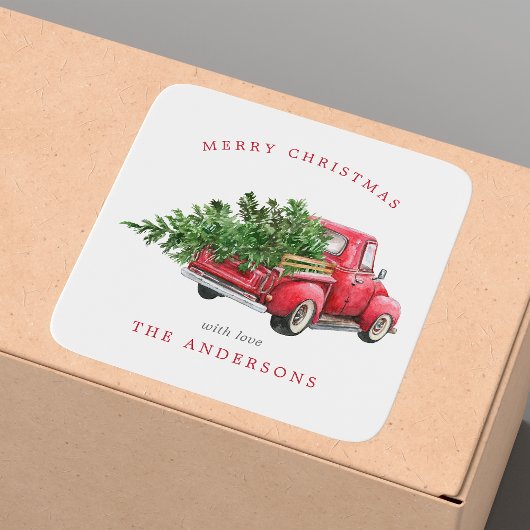水彩赤トラックのヴィンテージクリスマス スクエアシール