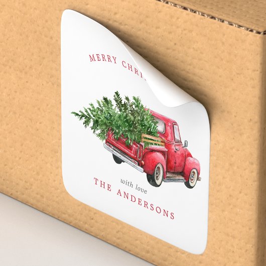 水彩赤トラックのヴィンテージクリスマス スクエアシール