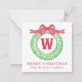 水彩赤ドットリボンモノグラムの花輪 ノートカード (正面)