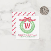 水彩赤ドットリボンモノグラムの花輪 ノートカード (正面/裏面インサイチュ)