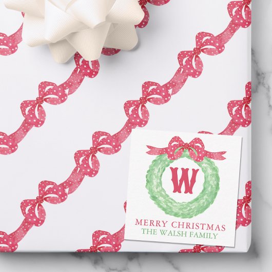 水彩赤ドットリボンモノグラムの花輪 ノートカード