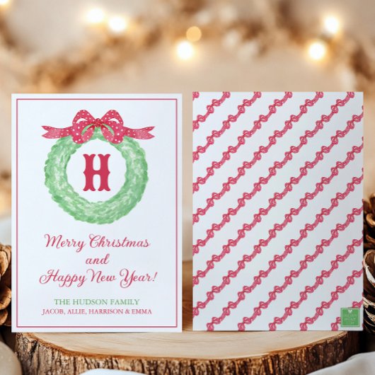 水彩赤ドットリボンモノグラムリースパーティ シーズンカード