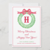 水彩赤ドットリボンモノグラムリースパーティ シーズンカード (正面)