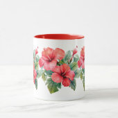 水彩赤ハイビスカス熱帯フローラ緑 マグカップ (中央)