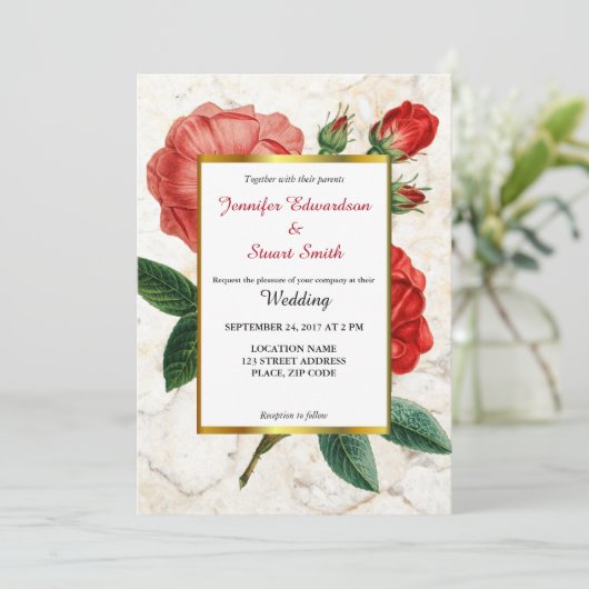 水彩赤バラマーブルフローラヴィンテージウエディング 招待状 (スタンド正面)