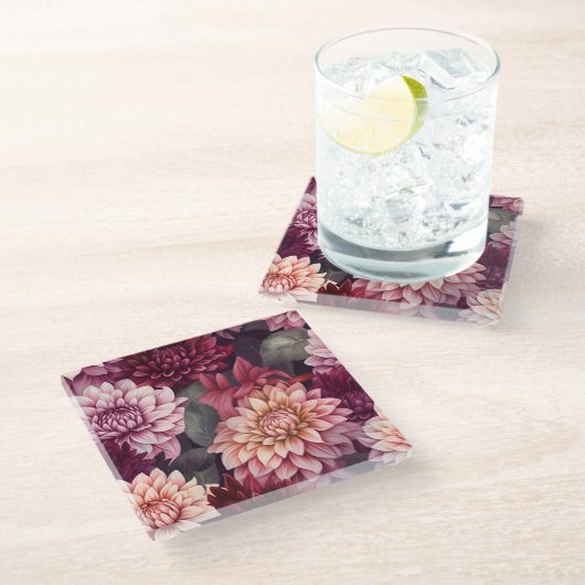 水彩赤ピンクダリアパターンデザイン ガラスコースター (アングル)
