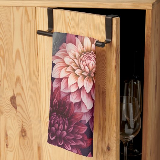 水彩赤ピンクダリアパターンデザイン キッチンタオル (三つ折り)