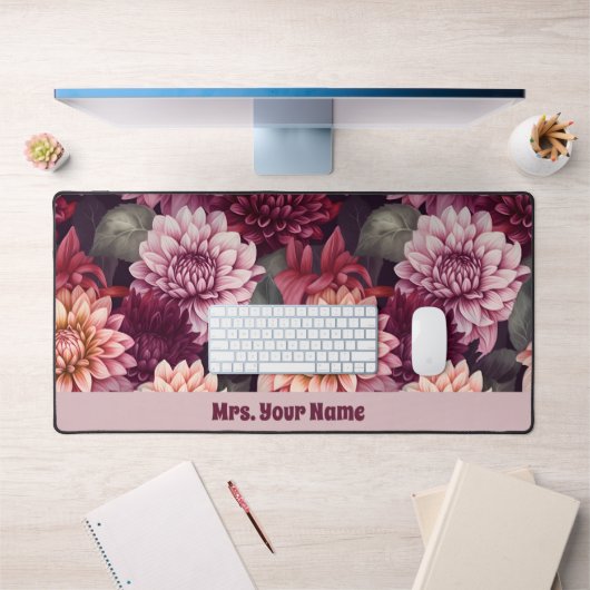 水彩赤ピンクダリアパターンデザイン デスクマット (オフィス1)