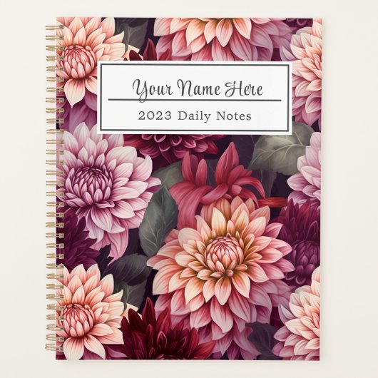 水彩赤ピンクダリアパターンデザイン プランナー手帳 (正面)