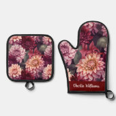 水彩赤ピンクダリアパターン 鍋つかみ&鍋敷きセット (正面)