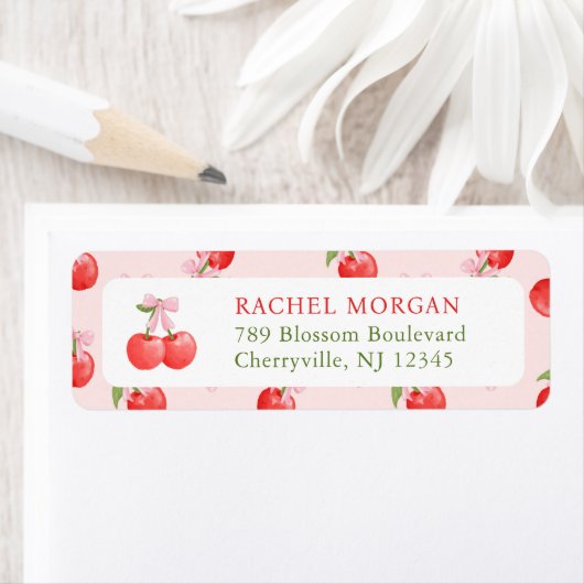 水彩赤ピンクボウさくらんぼ差出人住所ラベ ラベル (インサイチュ)