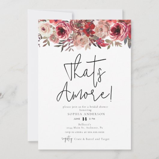 水彩赤フローラアモーレだ！ブライダルシャワー 招待状 (正面)