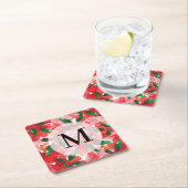 水彩赤フローラモノグラム スクエアペーパーコースター (インサイチュ)