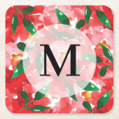 水彩赤フローラモノグラム スクエアペーパーコースター (正面)