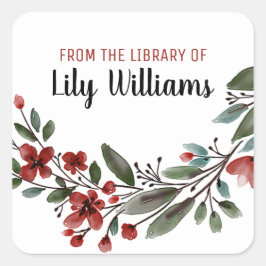 水彩赤フローラライブラリ蔵書票 スクエアシール