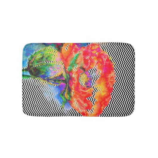 水彩赤フローラ白黒ジグザグ バスマット (正面)