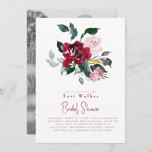 水彩赤フローラB/Wフォトブライダルシャワー 招待状 (正面/裏面)