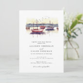 水彩赤ブルーセイラボーツハーバー海結婚ズ 招待状 (スタンド正面)