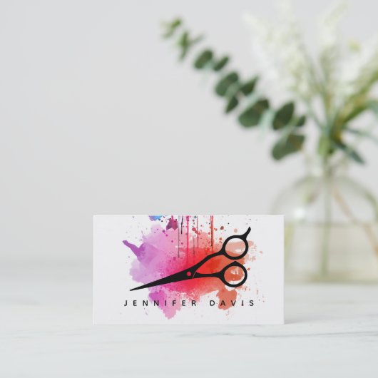 水彩赤ヘアスタイリスト美容師（ばちゃばちゃ）跳ねる 名刺 (スタンド正面)